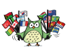 Un hibou vert en dessin tenant plusieurs drapeaux internationaux dans ses ailes, représentant des pays comme la Corée du Sud, les États-Unis, le Canada, la France, le Brésil, et d'autres. L'image symbolise la diversité et l'internationalité