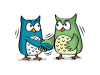 Un hibou bleu et un hibou vert se serrent la main